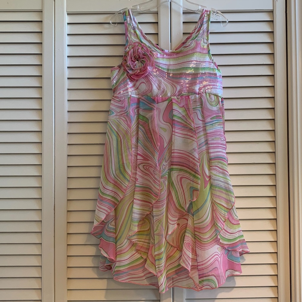 Biscotti Twirly Sequined Bodice Dress with Sherbet Colored Swirls size 7